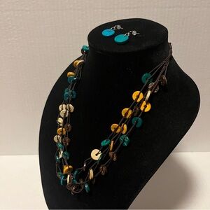 Brown Rope Layered Multi-Colored Beaded Necklace with Matching Earrings